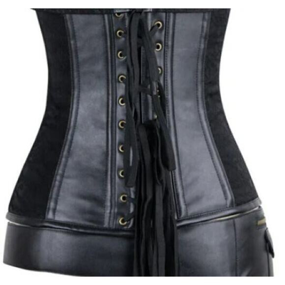 6X Black Steel Boned Steampunk Goth Witch Brocade Floral Leather Overbust Corset - Picture 3 of 14